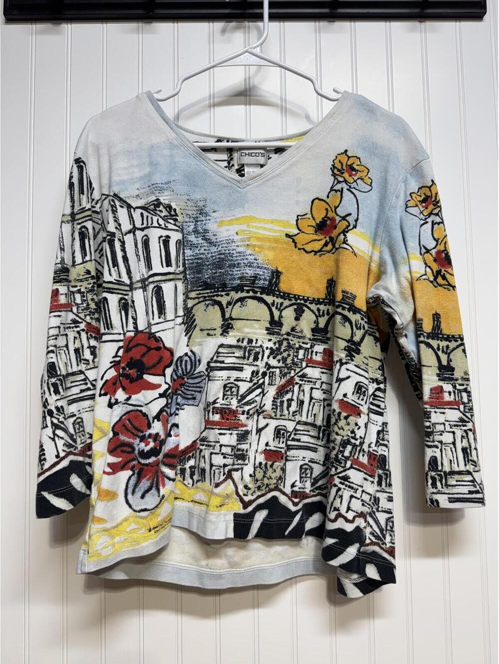 Chicos Scenic Art to Wear Watercolor City V Neck 3/4 Sleeve Tee Top Adult 3 XL